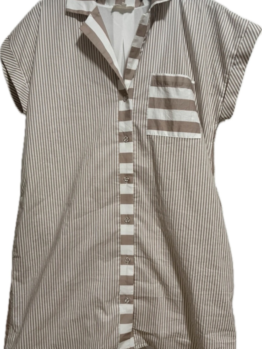 Entro Striped Short-Sleeve Dress — Beige & White